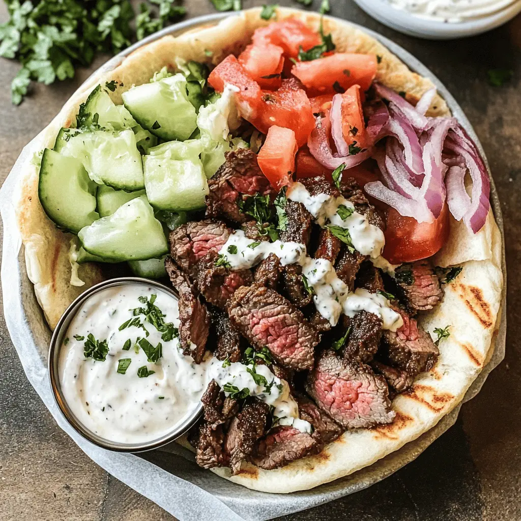 Savor the vibrant flavors of homemade Beef Gyros! This delicious recipe features marinated beef, wrapped in soft pita, and topped with fresh veggies and creamy tzatziki sauce. Perfect for a quick weeknight dinner or a fun weekend meal with friends. Save this pin to enjoy tasty gyros anytime!