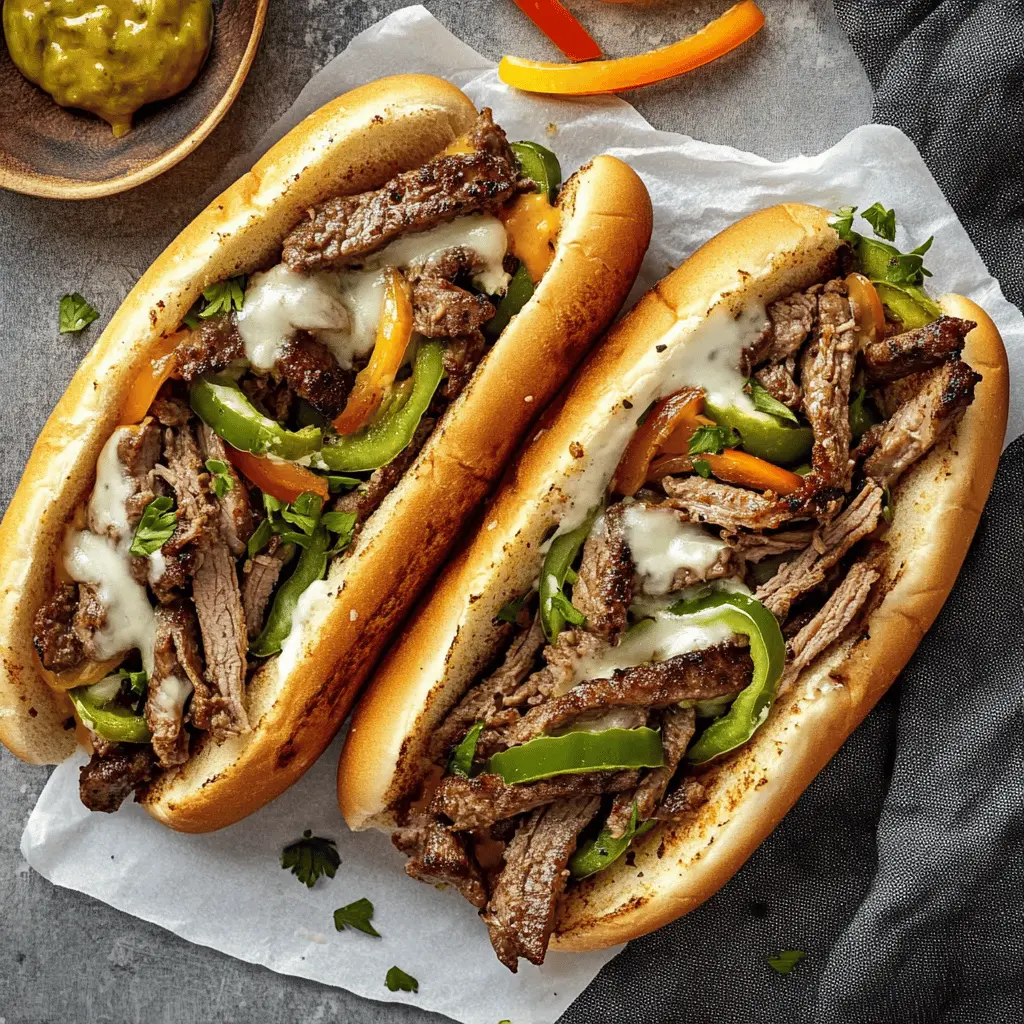 Get ready for a delicious Philly Cheesesteak that's quick and easy to make at home! This classic sandwich features tender, thinly sliced beef, sautéed onions, and gooey melted cheese all tucked inside a soft hoagie roll. Perfect for game nights, family gatherings, or a satisfying weeknight dinner. Don't forget to save this recipe for your next craving!