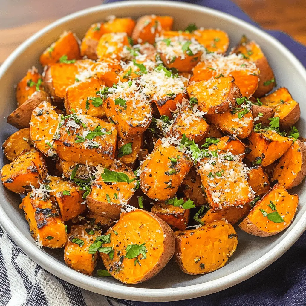 Looking for a tasty side dish? These Savory Sweet Potatoes with Parmesan and Herbs are a perfect blend of flavors and textures! Roasted to perfection, they're crispy on the outside and tender on the inside, making them a crowd-pleaser for any meal. Save this recipe for your next family dinner or holiday gathering!