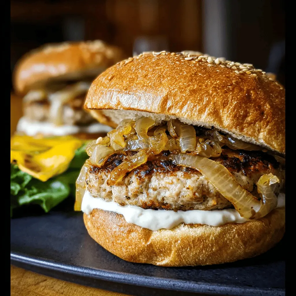Easy Turkey Burgers with Sweet Caramelized Onions and Garlic Aioli