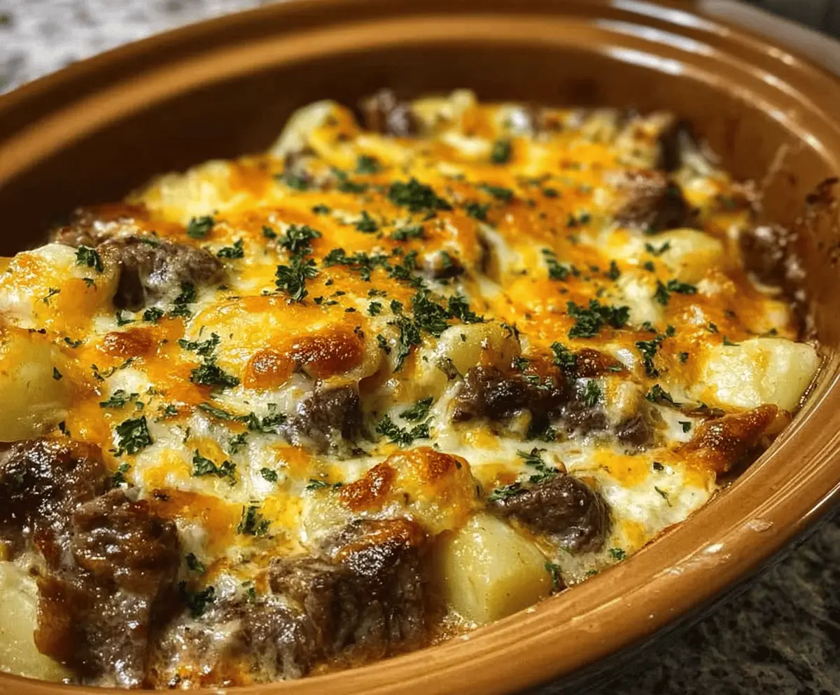Easy Slow Cooker Steak and Cheddar Potato Casserole