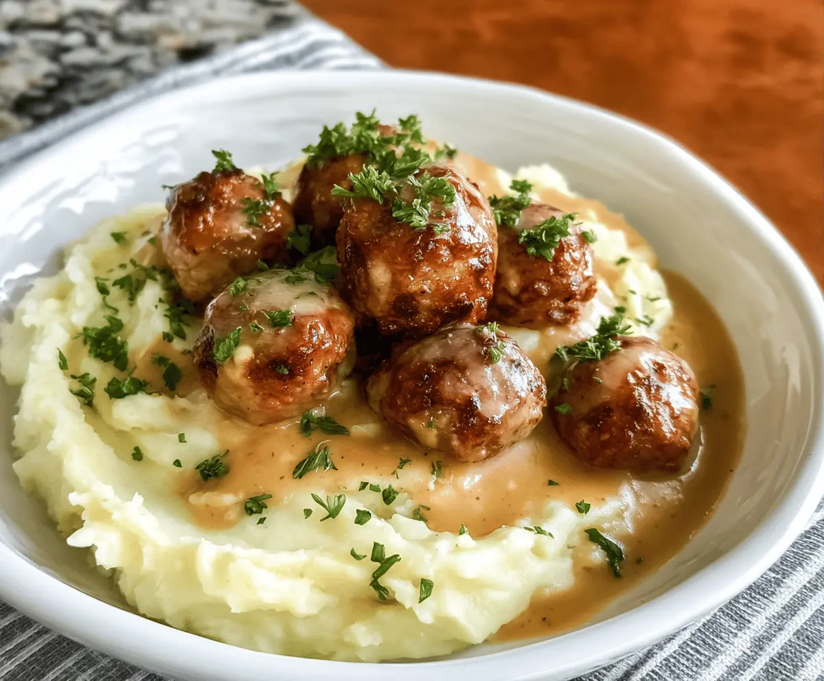 Classic Salisbury Meatballs with Creamy Mashed Potatoes