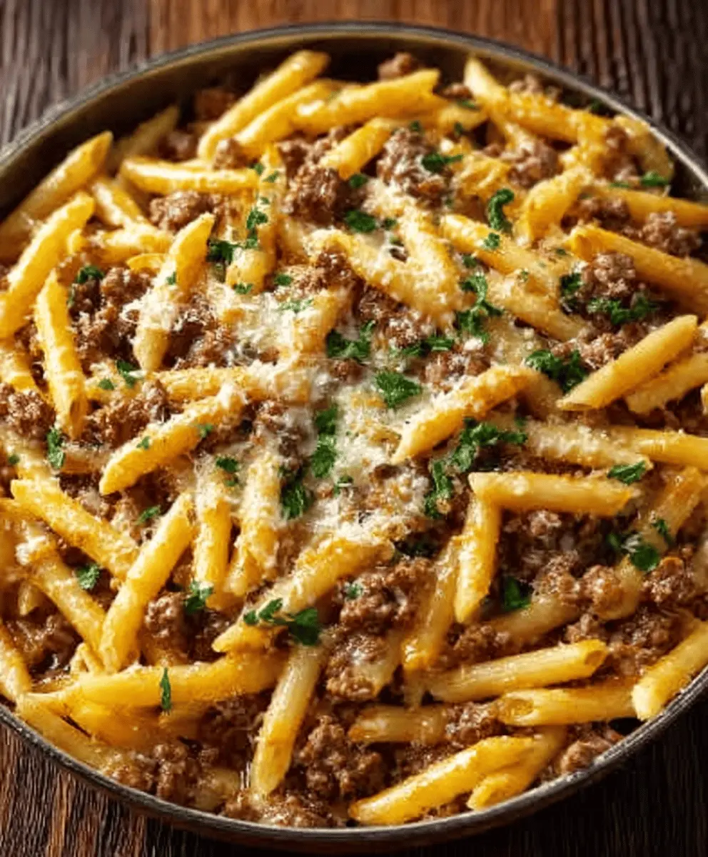Cheesy Penne with Garlic Butter Ground Beef Recipe