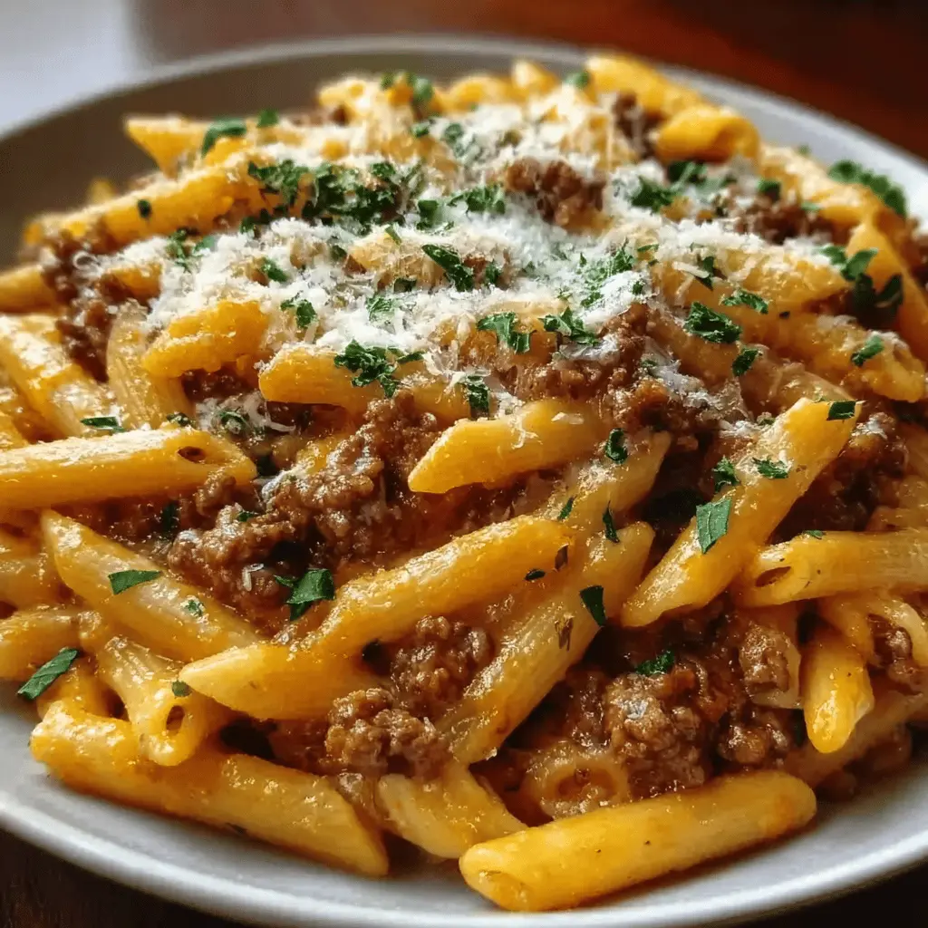 Cheesy Penne with Garlic Butter Ground Beef Recipe