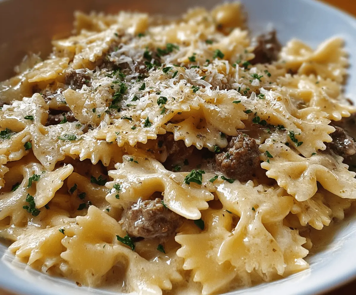 Creamy Garlic Parmesan Bowtie Pasta with Beef