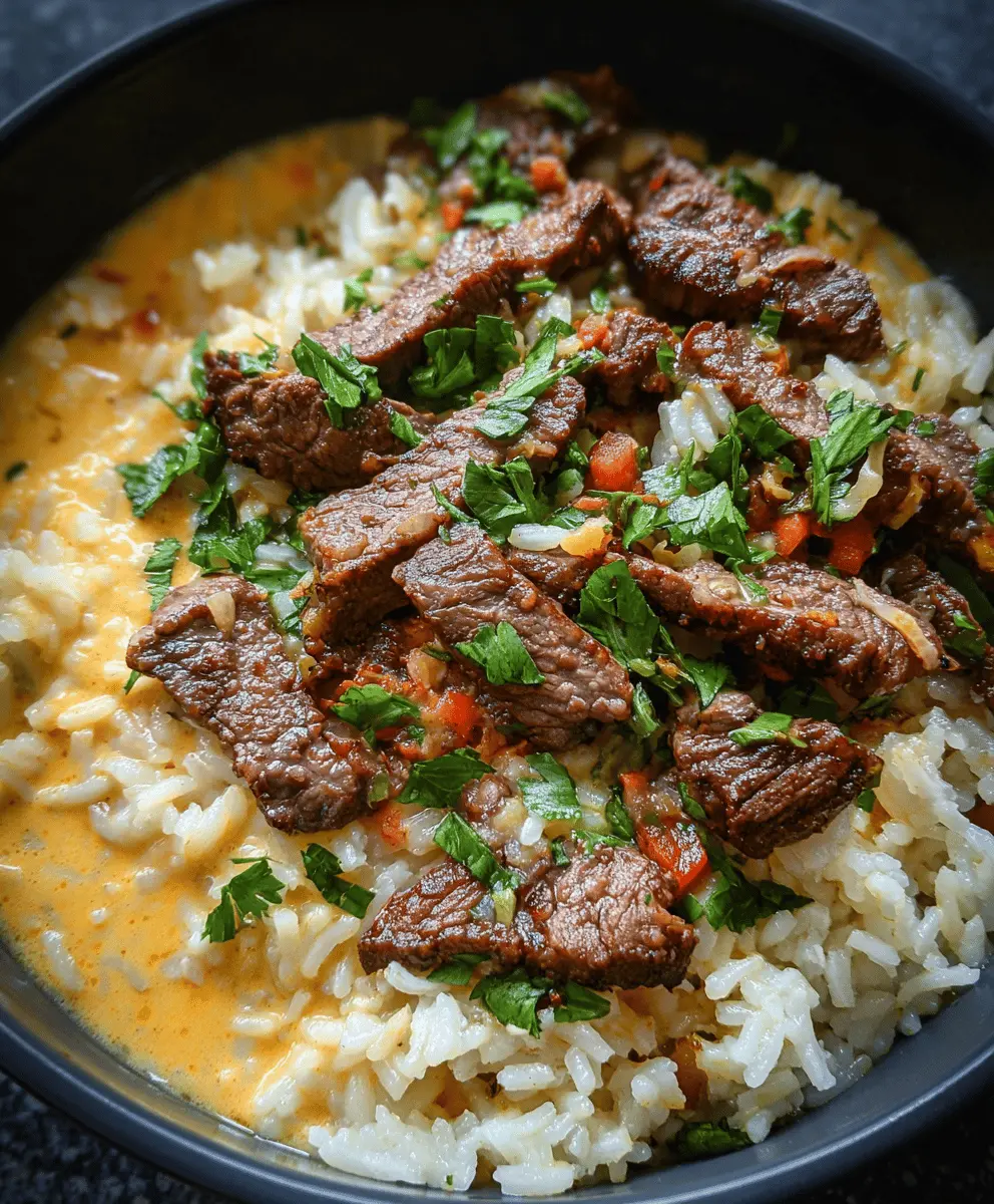 Creamy Queso Rice with Tender Steak Strips