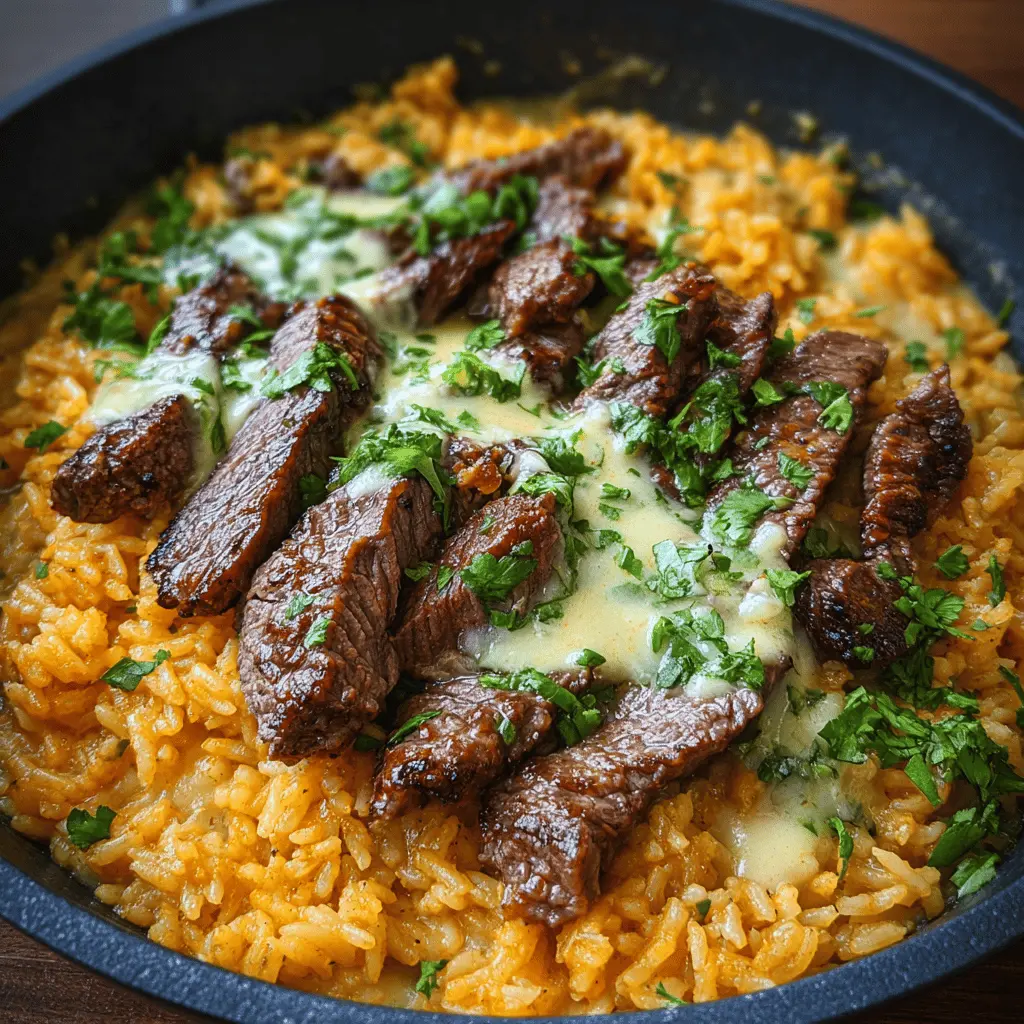 Creamy Queso Rice with Tender Steak Strips