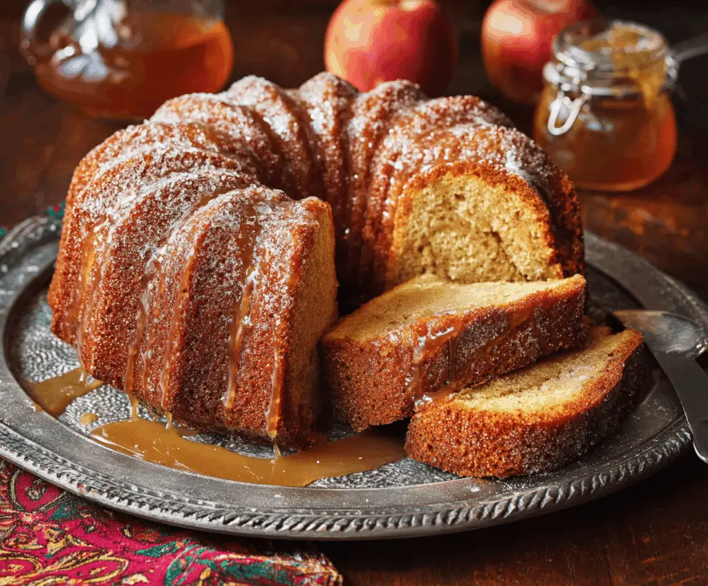 Delicious homemade apple cider pound cake topped with apple slices and cinnamon for a warm, flavorful dessert.