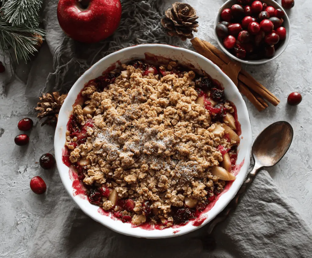 Delicious homemade Apple Cranberry Crisp topped with golden-brown oats and fresh cranberries, ready to serve as a warm, fruity dessert