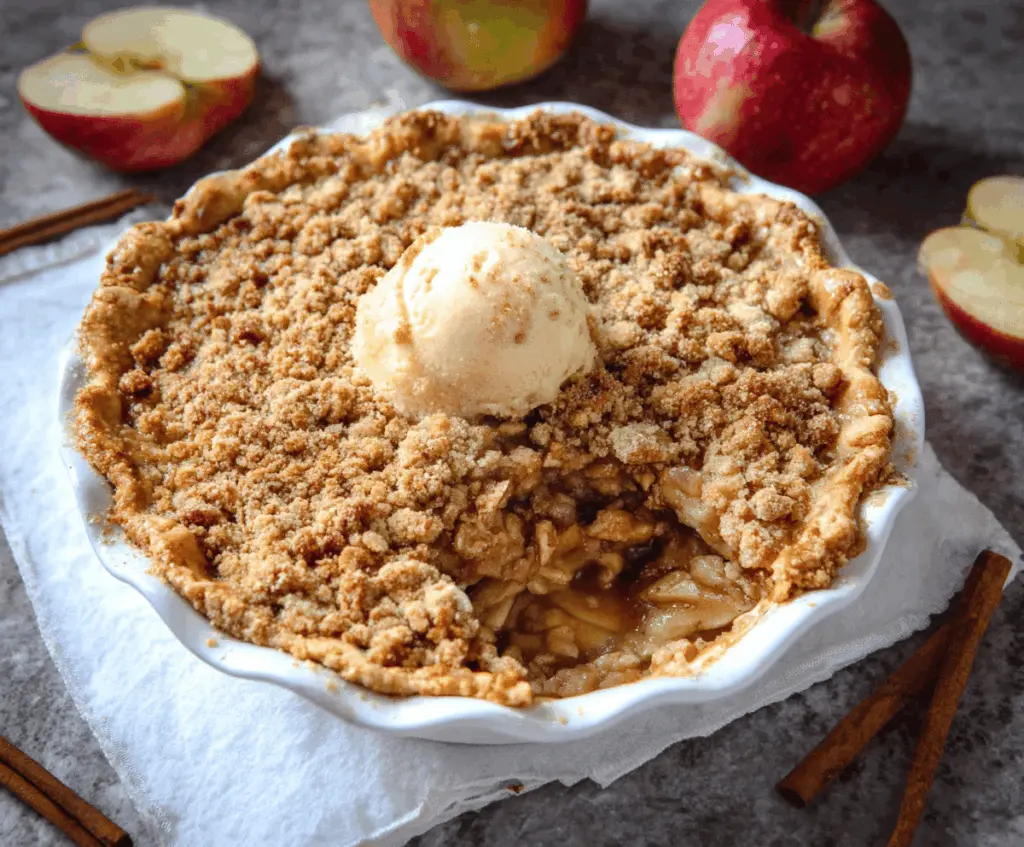 Delicious homemade apple crisp pie topped with golden, crunchy crumble and fresh apple slices ready to serve