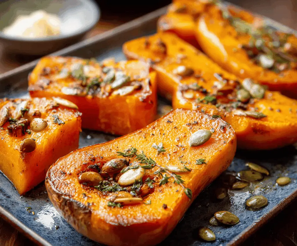 Roasted butternut squash slices topped with cinnamon butter, served on a white plate, ready to enjoy a warm, flavorful fall-inspired side dish.