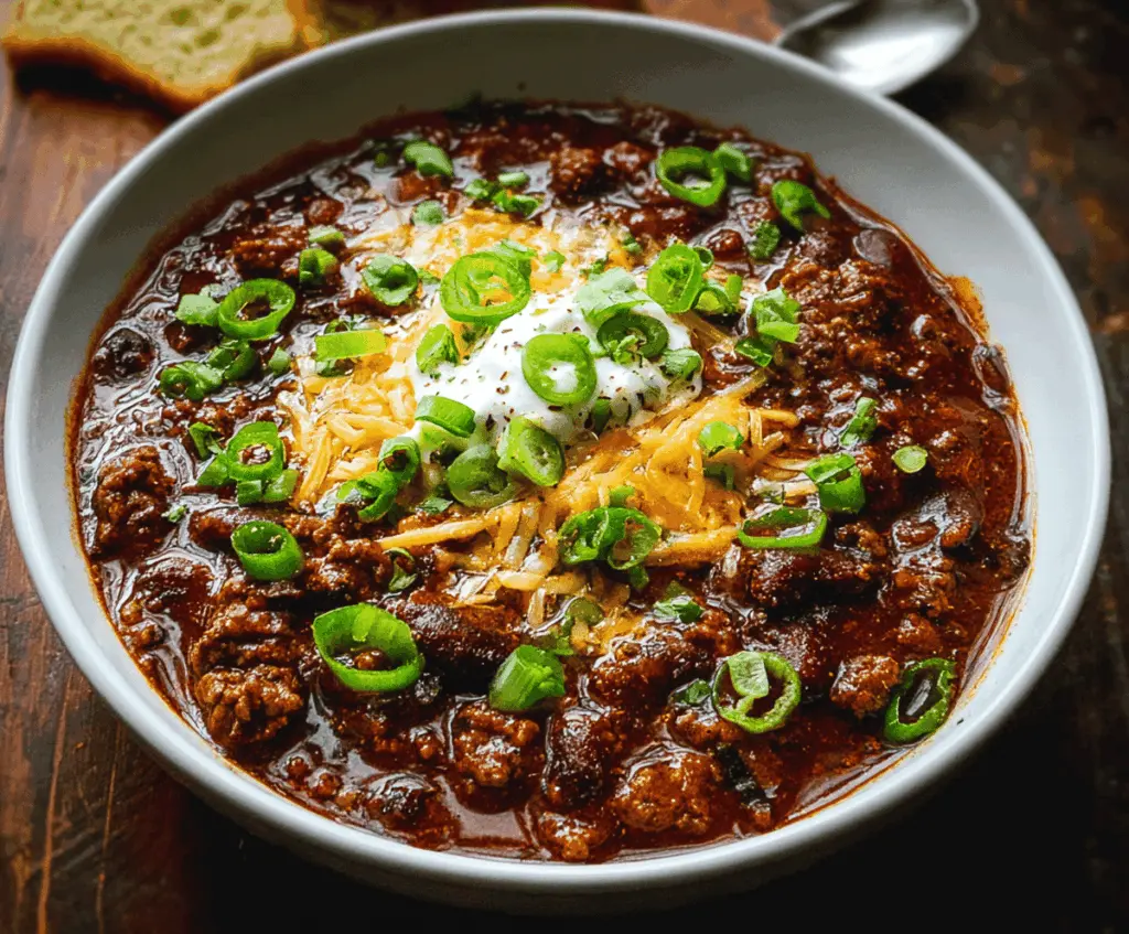 Hearty beef chili in a bowl topped with shredded cheese and fresh cilantro, served with tortilla chips on the side.