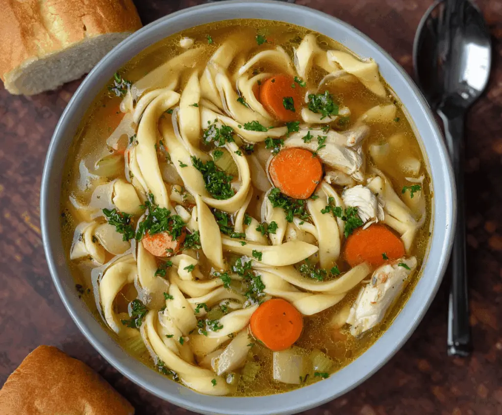 Hearty chicken noodle soup with tender egg noodles and fresh vegetables in a bowl