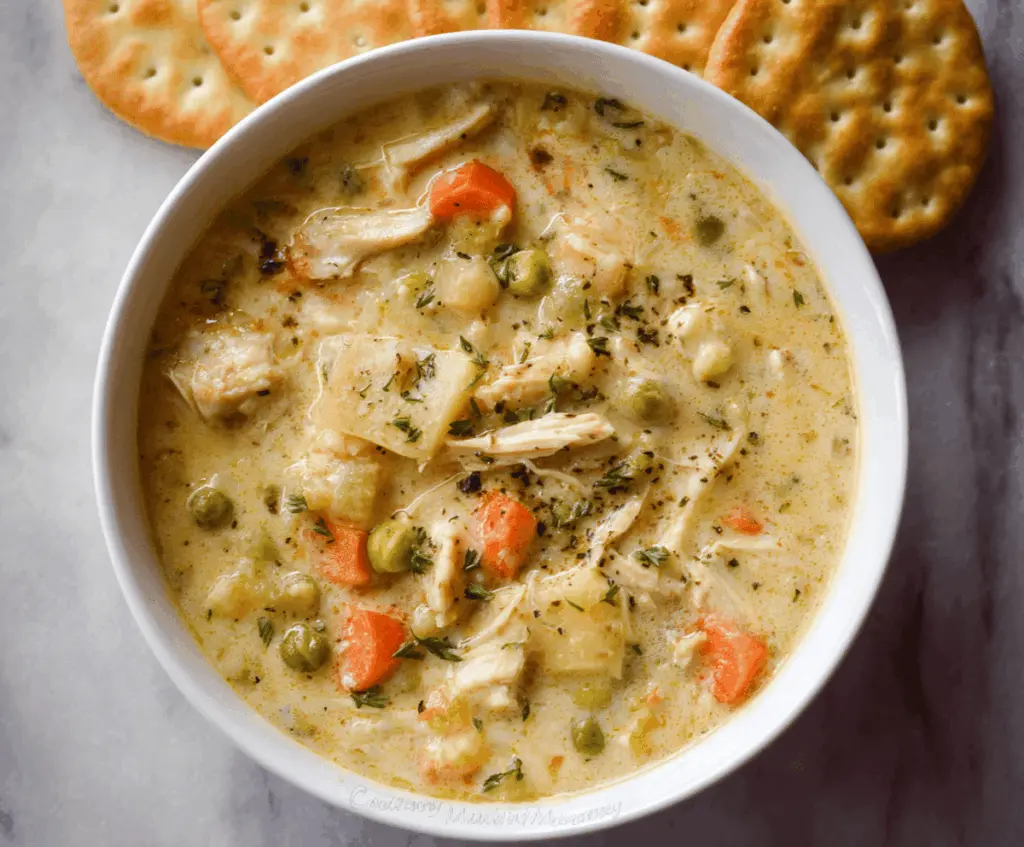 Creamy Chicken Pot Pie Soup topped with golden pastry crust and fresh herbs, served in a bowl with chunks of tender chicken, vegetables, and rich broth.