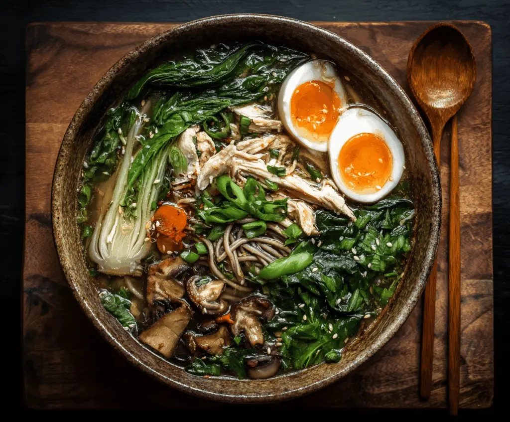 A steaming bowl of Chicken Soba Noodle Soup with shredded chicken, soba noodles, fresh vegetables, and herbs in a flavorful broth.