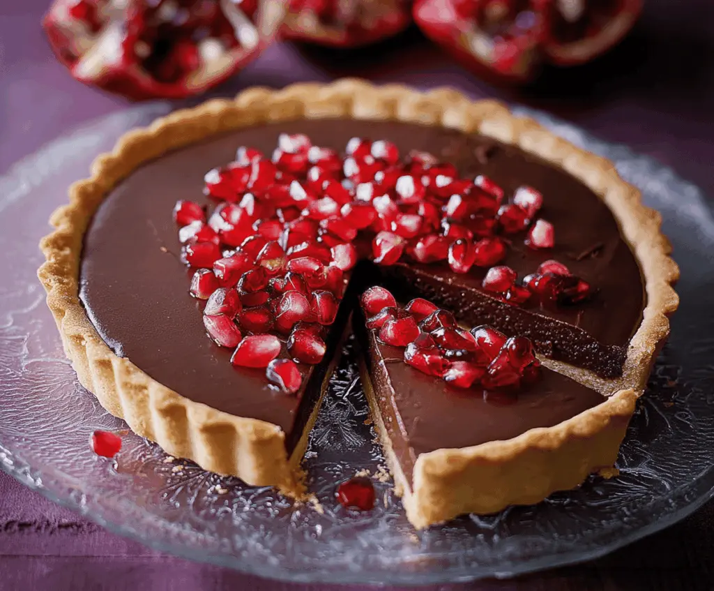 Delicious Chocolate Pomegranate Tart topped with fresh pomegranate seeds and a glossy chocolate glaze on a white plate.