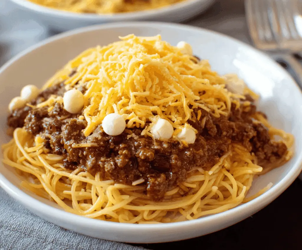 Delicious bowl of Cincinnati chili topped with shredded cheese and onions, served with oyster crackers in a classic bowl, perfect for a hearty, flavorful meal.