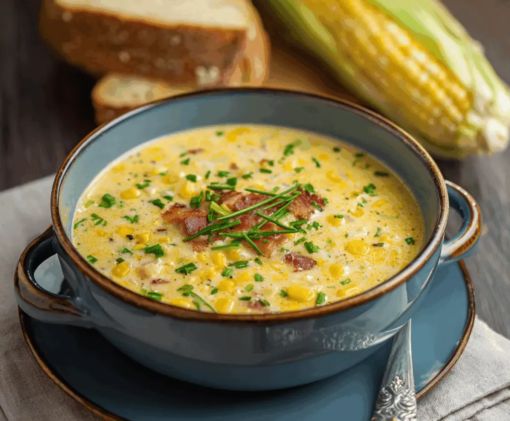 Creamy corn chowder served in a bowl, garnished with fresh herbs and crispy bacon, perfect for a comforting meal.
