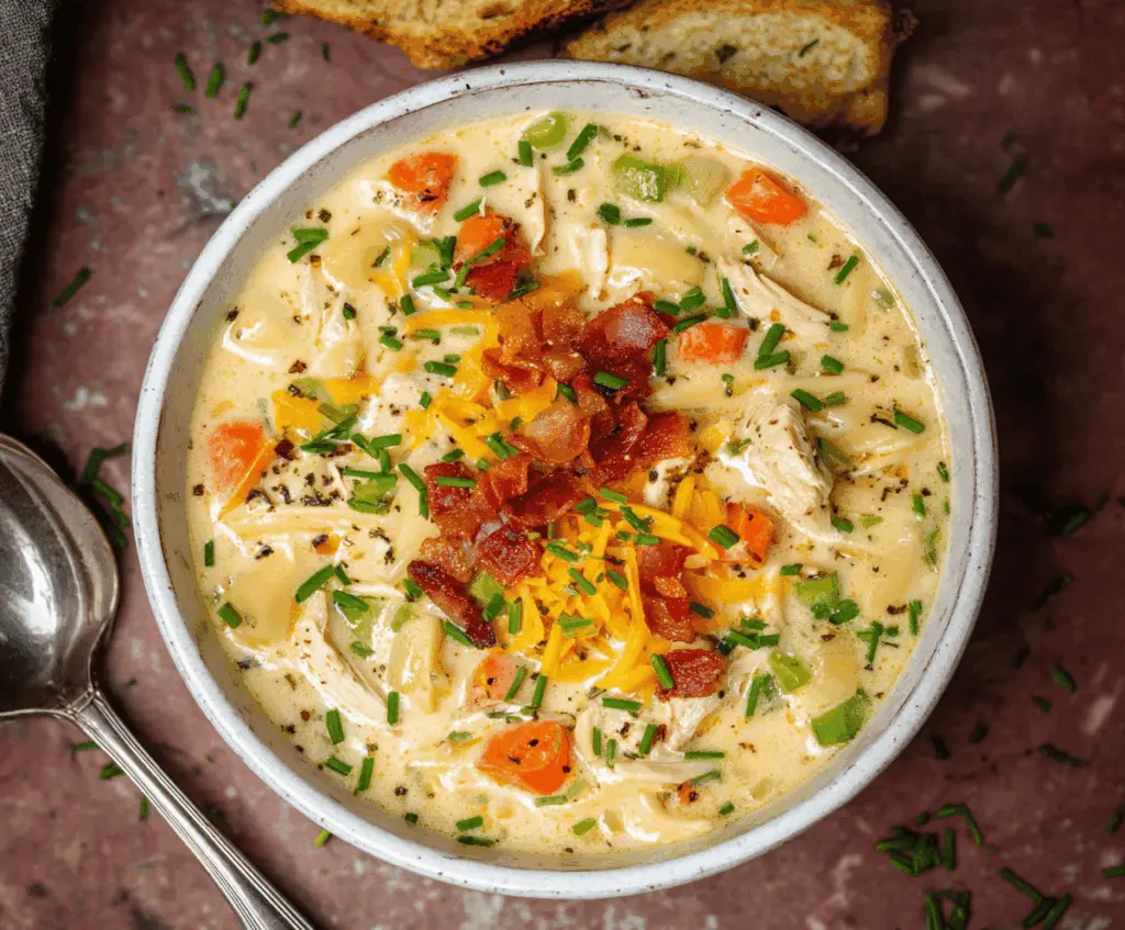 Creamy Crack Chicken Noodle Soup with tender chicken, egg noodles, and fresh vegetables in a comforting broth