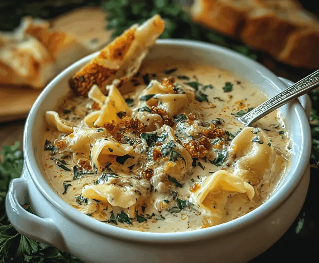 Creamy Alfredo Lasagna Soup served in a bowl with melted cheese, spinach, and lasagna noodles, topped with fresh basil