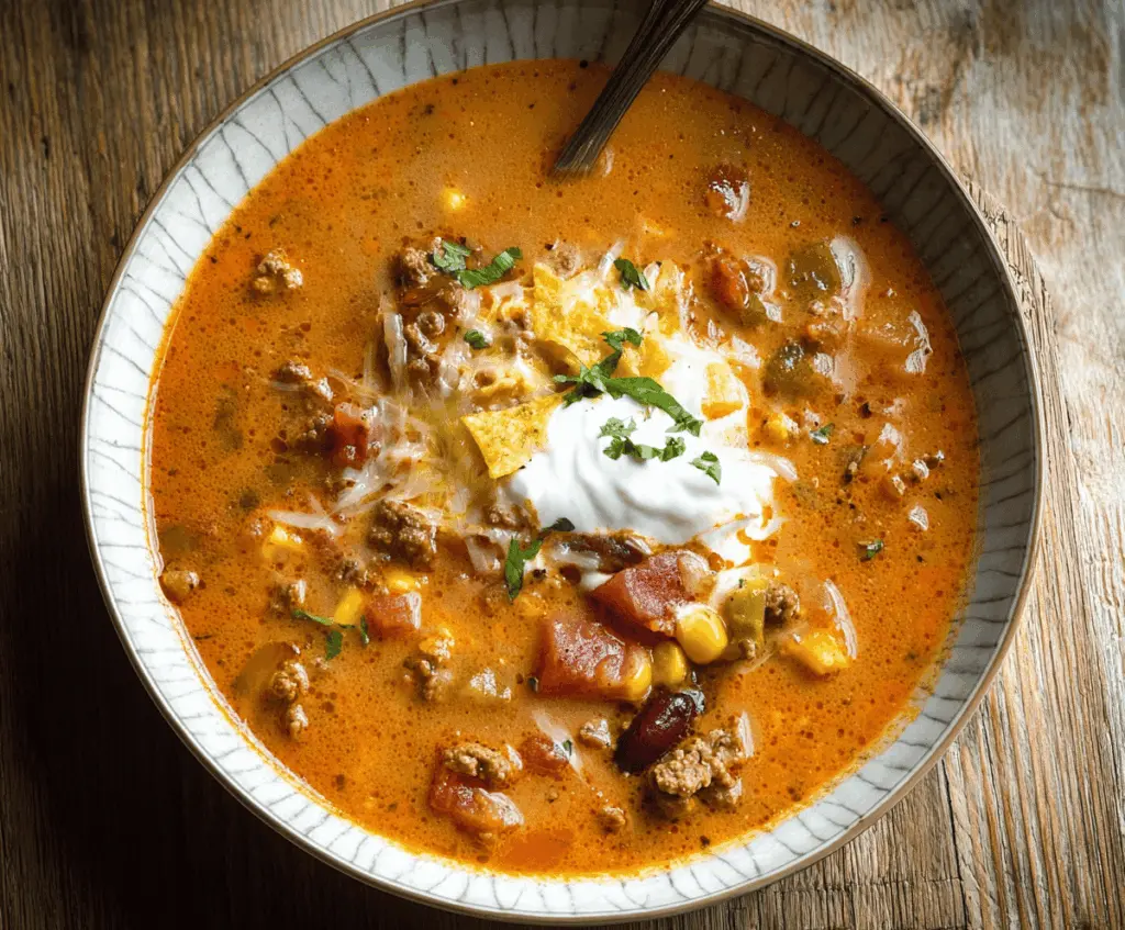 Creamy Beef Taco Soup served in a bowl with shredded cheese, fresh cilantro, and tortilla chips on top