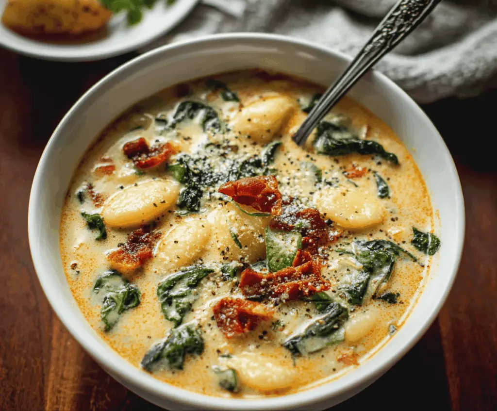 Creamy Gnocchi Soup in a bowl topped with fresh herbs, featuring tender gnocchi, vegetables, and a rich, creamy broth—perfect for a comforting meal.