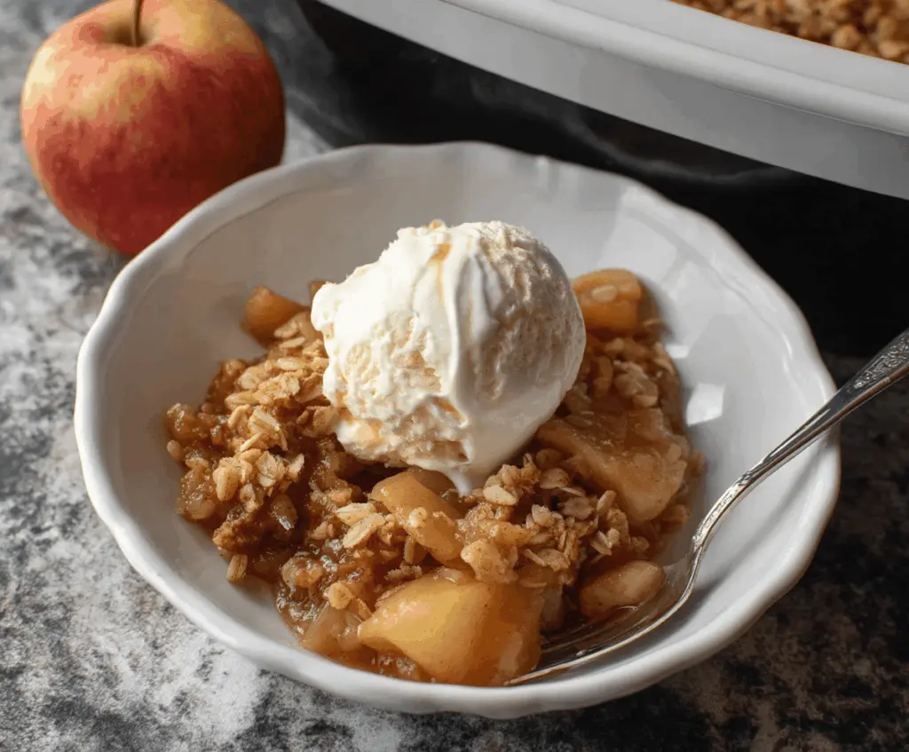 Delicious homemade Crockpot Apple Crisp topped with golden brown oatmeal streusel served in a rustic bowl