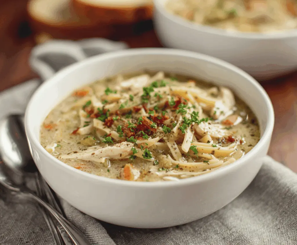 Creamy dairy-free chicken noodle soup in a bowl with tender chicken, noodles, and fresh vegetables, perfect for a comforting and allergy-friendly meal.