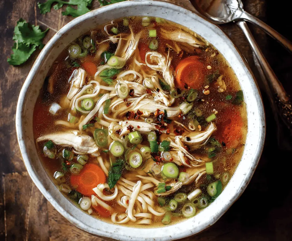 Delicious Ginger Garlic Chicken Noodle Soup with fresh vegetables and herbs in a bowl, perfect for a comforting meal