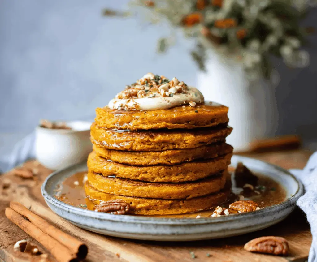 Stack of healthy pumpkin pancakes with syrup