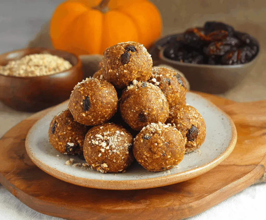 Delicious homemade healthy pumpkin spice protein balls on a white plate, perfect for a nutritious snack or energy boost