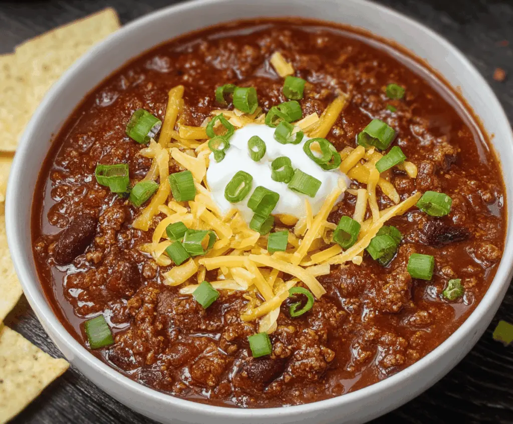 Delicious homemade chili served in a bowl with fresh toppings and side of bread, perfect for a hearty meal