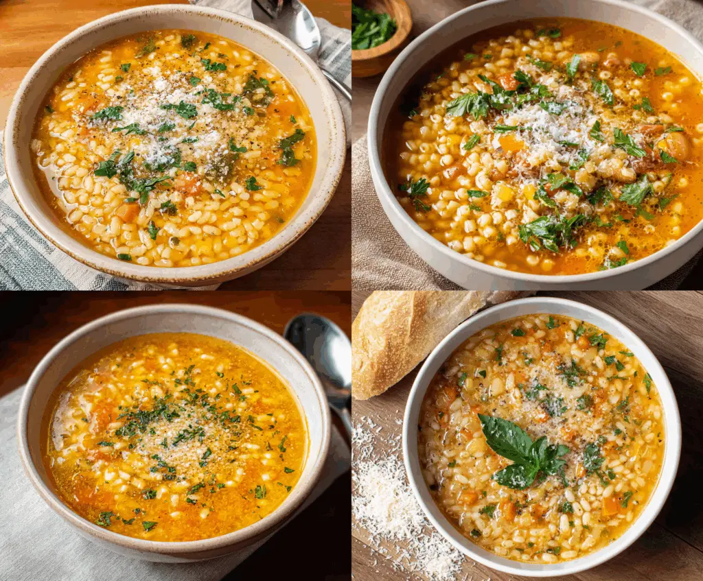 A bowl of comforting Italian Pastina Soup garnished with fresh herbs and grated cheese, served in a rustic white bowl with a spoon, featuring tiny pasta, vegetables, and flavorful broth.