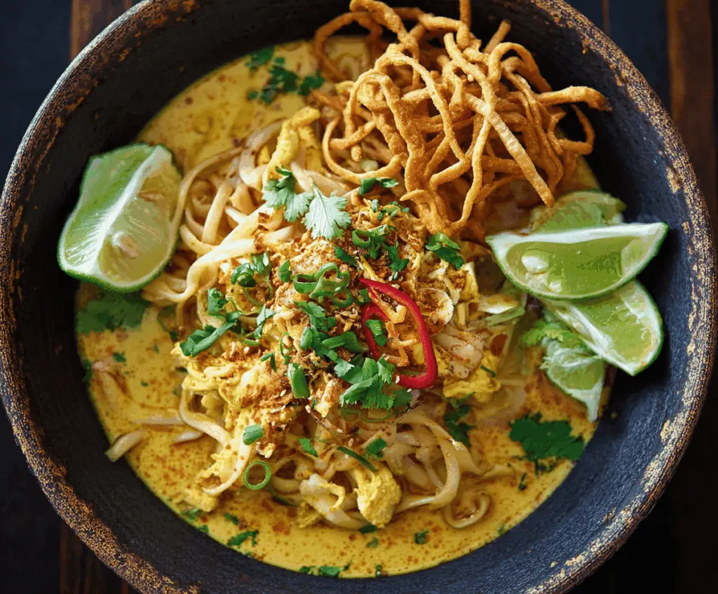 Delicious bowl of Khao Soi with creamy coconut curry noodles, tender chicken, crispy fried noodles, lime wedges, and fresh herbs on a traditional Thai plate