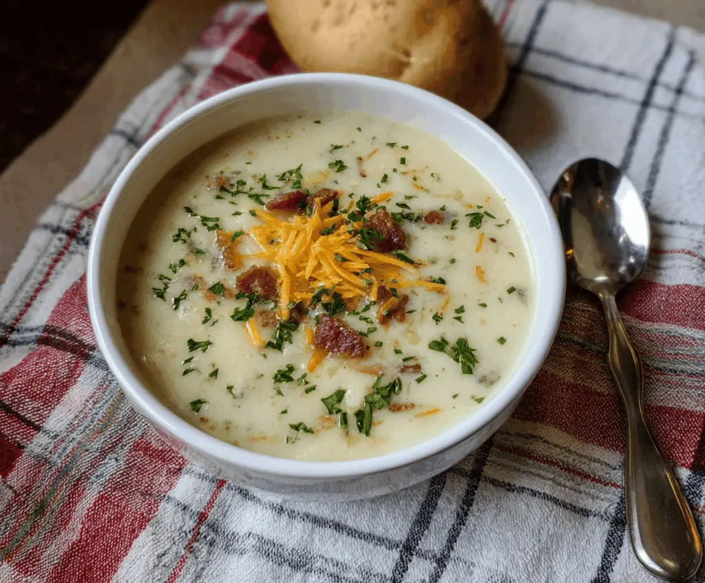 Creamy leftover mashed potato soup topped with fresh herbs in a rustic bowl, perfect for a cozy meal
