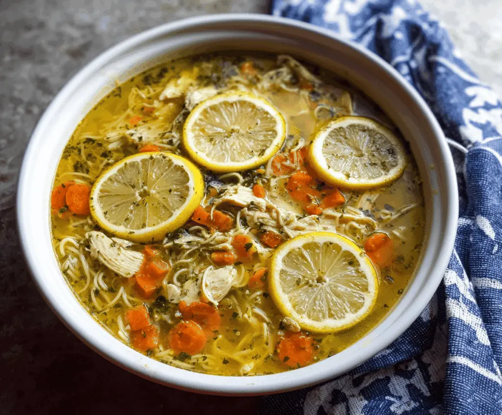 A bowl of Lemon Pepper Chicken Noodle Soup featuring tender chicken, egg noodles, fresh lemon slices, and a sprinkle of herbs in a steaming broth