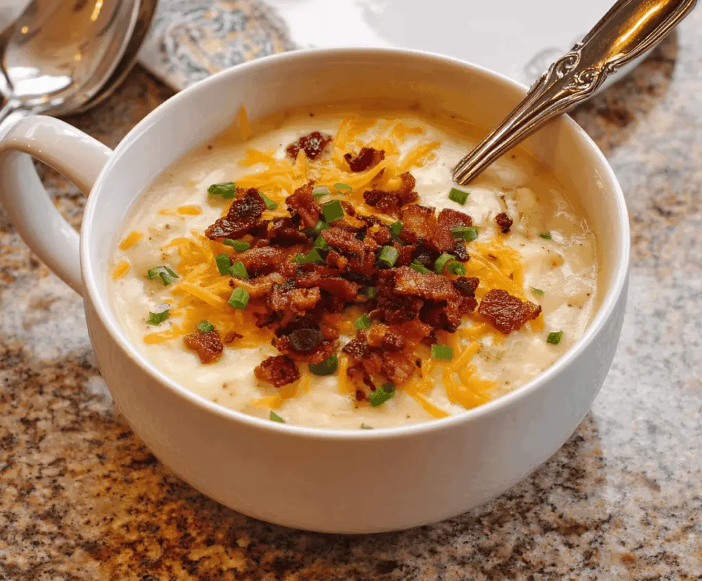 Creamy loaded potato soup topped with crispy bacon, shredded cheese, and chopped green onions in a bowl