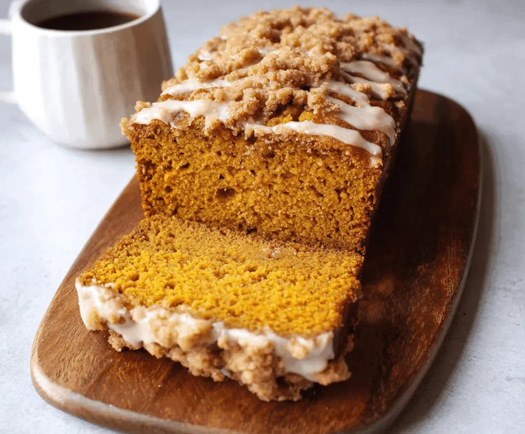 Maple-glazed streusel pumpkin bread sliced on a board