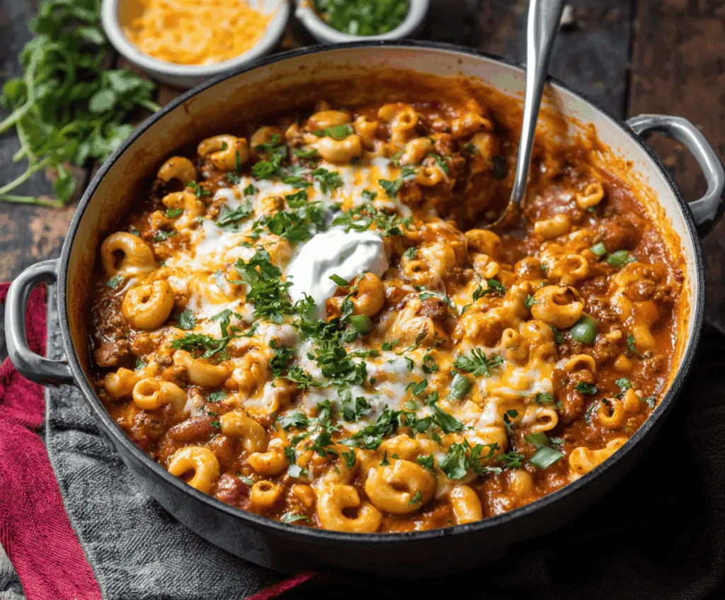 Creamy and flavorful One Pot Chili Mac and Cheese served in a bowl with melted cheese, ground beef, beans, and pasta, perfect for a quick comfort meal.