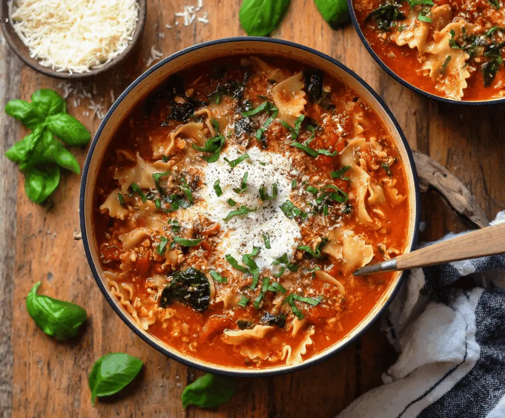 Delicious one-pot vegetarian lasagna soup with layers of pasta, vegetables, and melted cheese in a savory broth