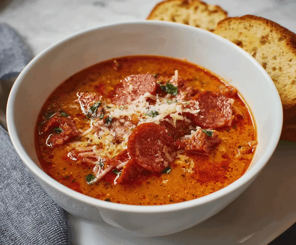 Creamy pepperoni pizza soup garnished with melted cheese, pepperoni slices, and fresh herbs in a bowl
