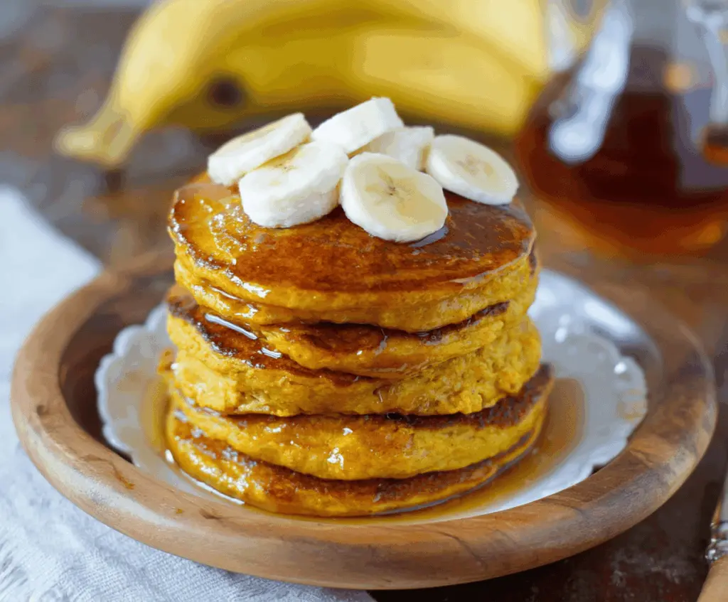 Fluffy pumpkin banana pancakes topped with maple syrup and fresh fruit on a breakfast plate