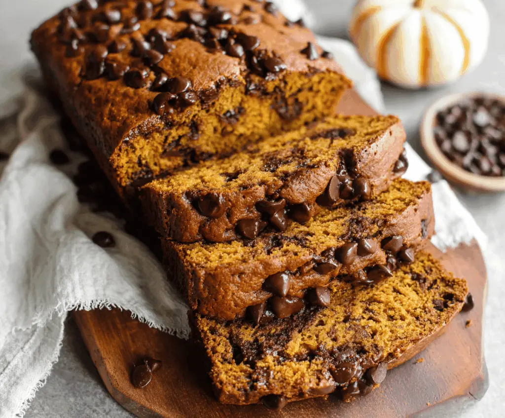 Delicious homemade pumpkin chocolate chip bread with a golden crust and melty chocolate chips, perfect for fall baking.
