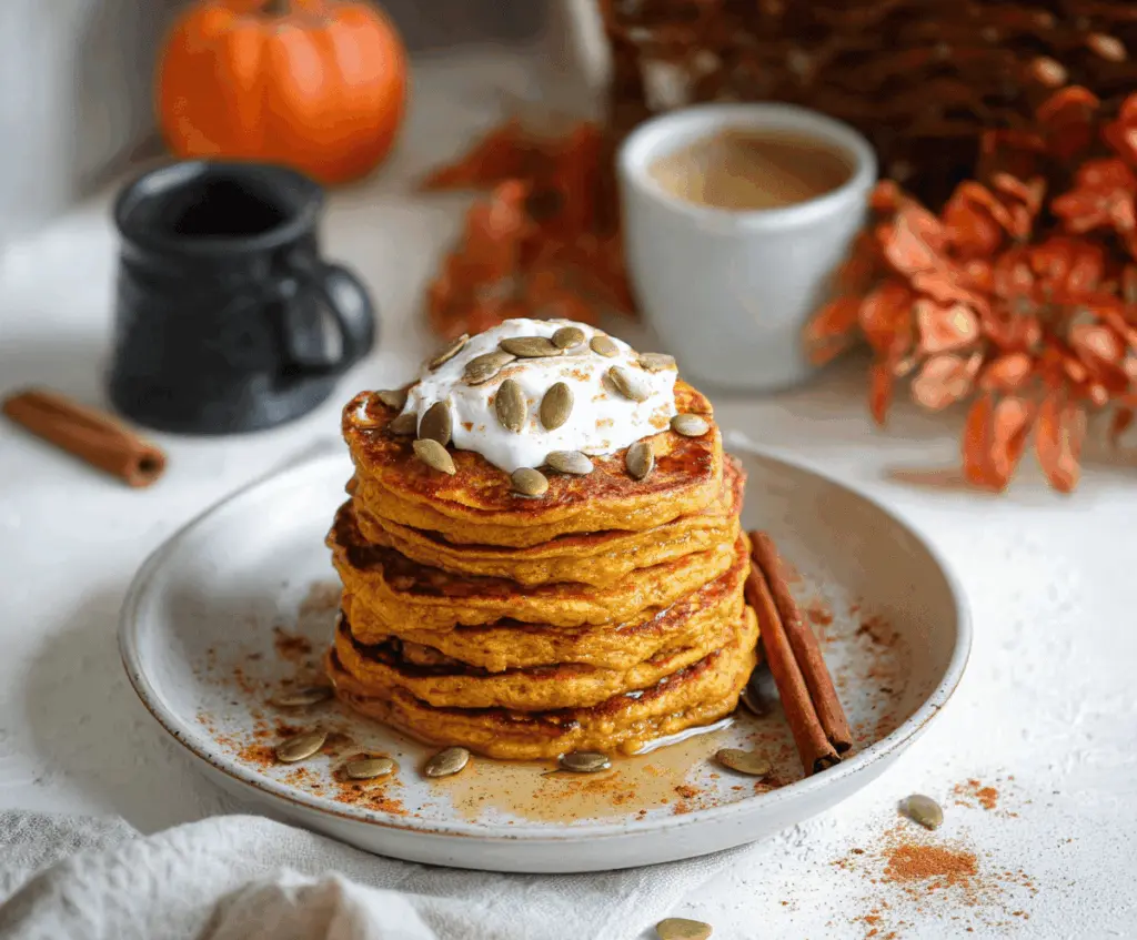 Delicious pumpkin cottage cheese pancakes topped with warm spices, perfect for a cozy breakfast