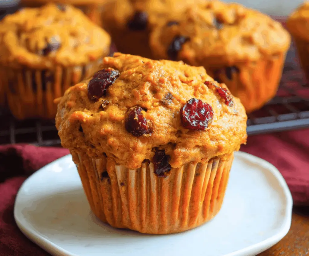 Delicious homemade pumpkin cranberry muffins topped with fresh cranberries and a sprinkle of cinnamon on a rustic wooden table.