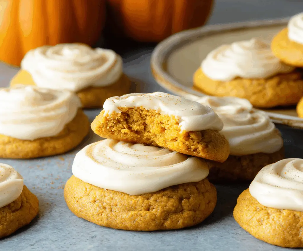 Delicious pumpkin cookies topped with creamy cream cheese frosting and sprinkled with cinnamon, perfect for fall treats