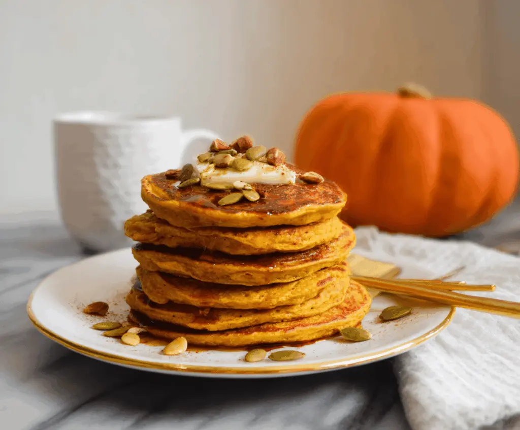 Delicious homemade pumpkin protein pancakes topped with syrup and whipped cream, perfect for a healthy breakfast