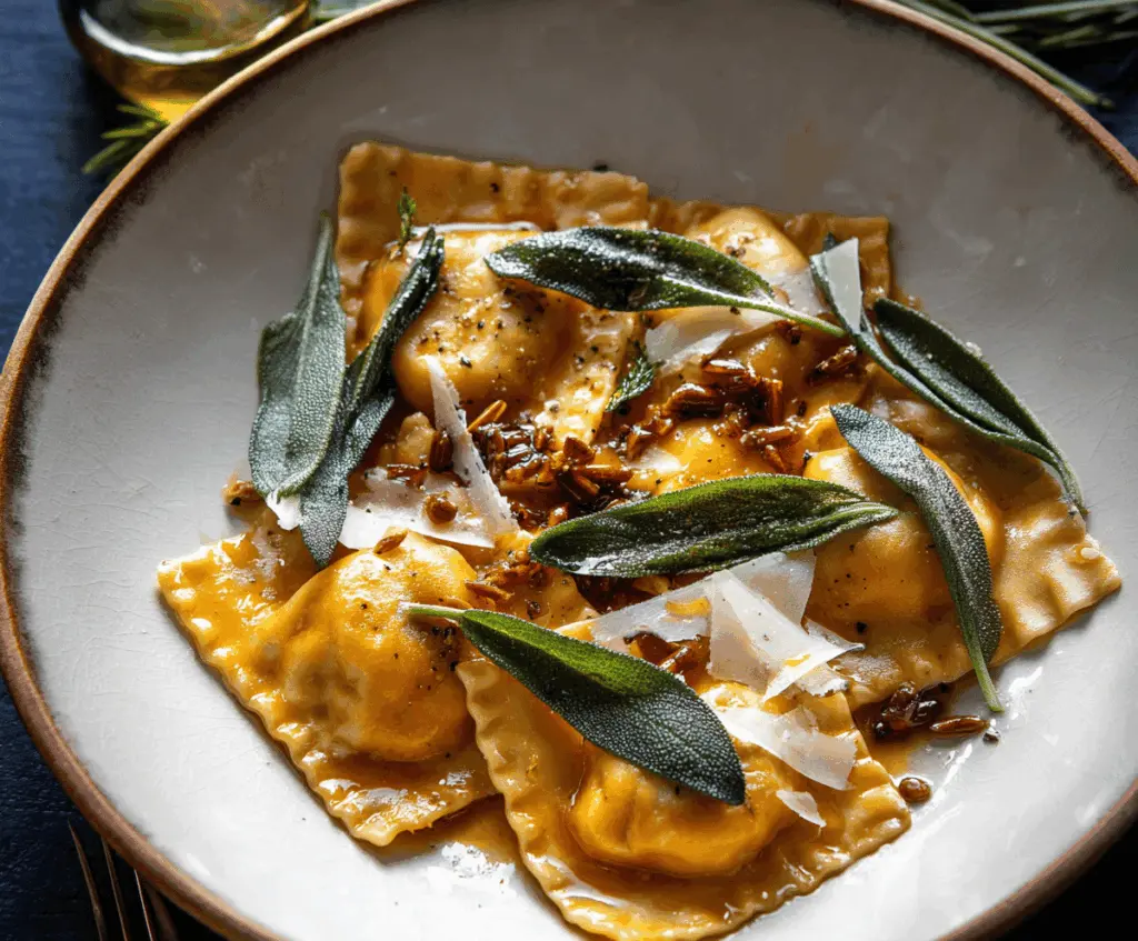 Delicious pumpkin ravioli topped with golden brown butter and fresh sage leaves on a plate, served as a flavorful fall appetizer or main course.