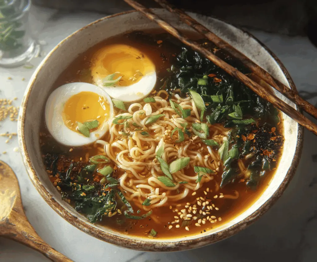 A steaming bowl of flavorful ramen noodle soup topped with sliced pork, soft boiled eggs, green onions, and nori seaweed on a wooden table.