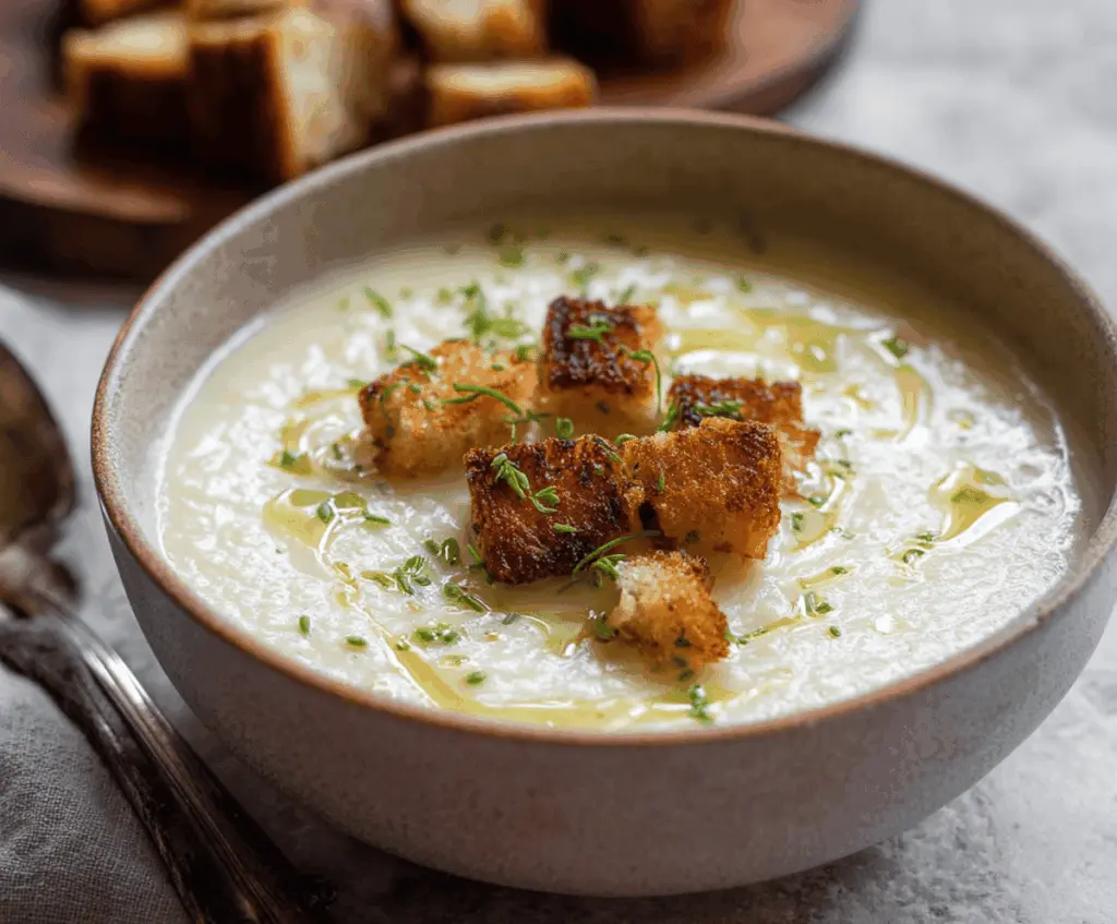 Creamy roasted garlic potato soup in a bowl topped with fresh herbs, served with a side of crusty bread.